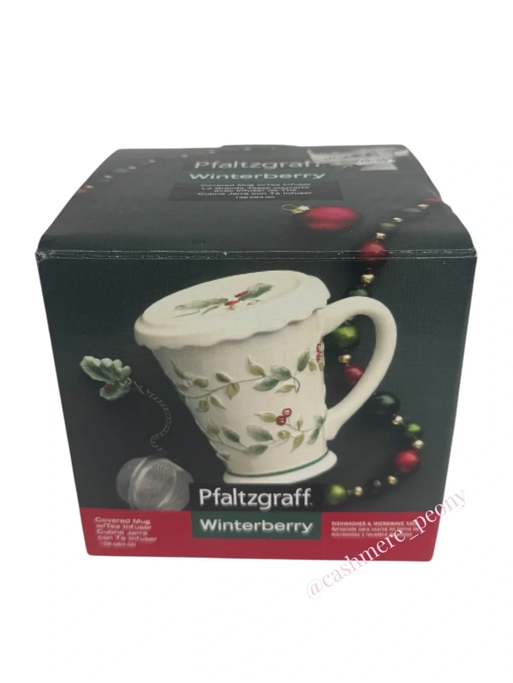 Pfaltzgraff Winterberry Holly Ceramic Tea Mug with Infuser and Lid NIB